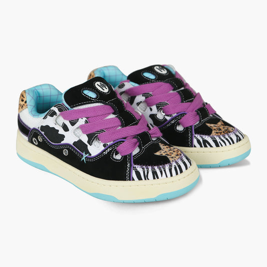 BAKE II black cow print leopard print plaid stitching low top