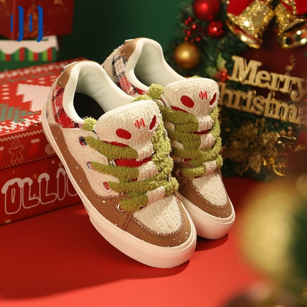BAKECH Cremeweißer Weihnachtsplüsch-Canvas-Spleißen-Low-Top 