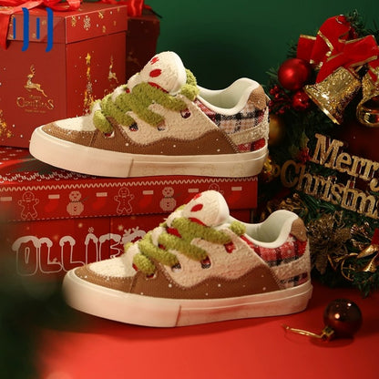 BAKECH Cremeweißer Weihnachtsplüsch-Canvas-Spleißen-Low-Top 